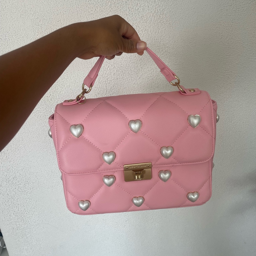 Betsey Johnson I want candy / Pink Satchel with Pearl Heart Details